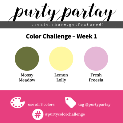 Week 1 Stampin’ Up Color Challenge graphic featuring Mossy Meadow, Lemon Lolly, and Fresh Freesia