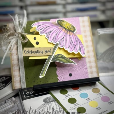 Finished Coneflower Celebration card with color challenge using Mossy Meadow, Lemon Lolly, and Fresh Freesia