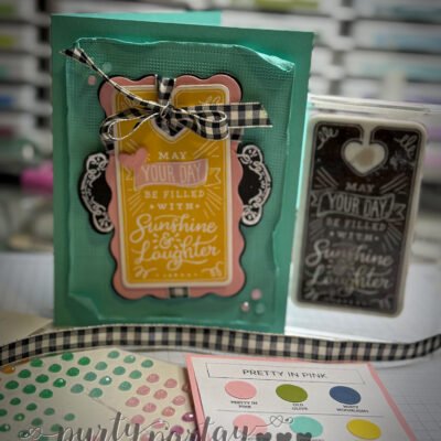 Handmade card for Stampin’ Up Color Challenge Week 2 featuring layered tags, faux plaid background, and colors Coastal Cabana, Daffodil Delight, and Pretty in Pink.