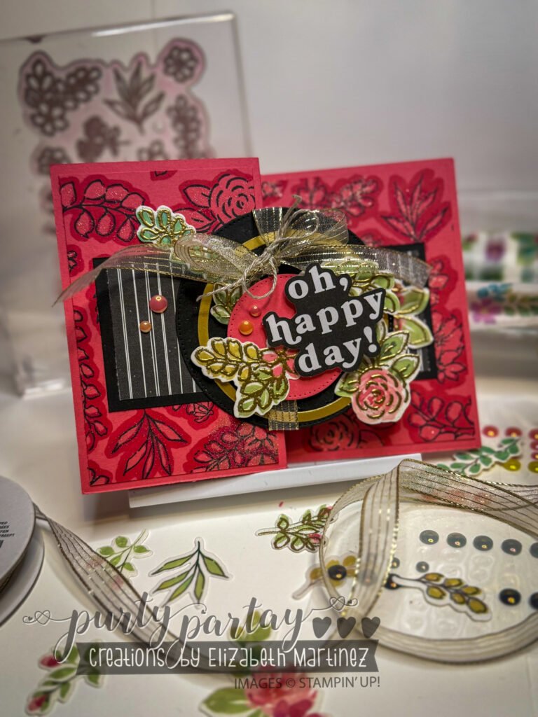 Card design featuring gold heat embossing paired with floral washi for shine and texture.