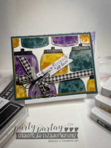 Sweet Jar of Joy class handmade card with multiple jars filled with hearts, finished with a glossy glass-effect technique and Regal color palette.