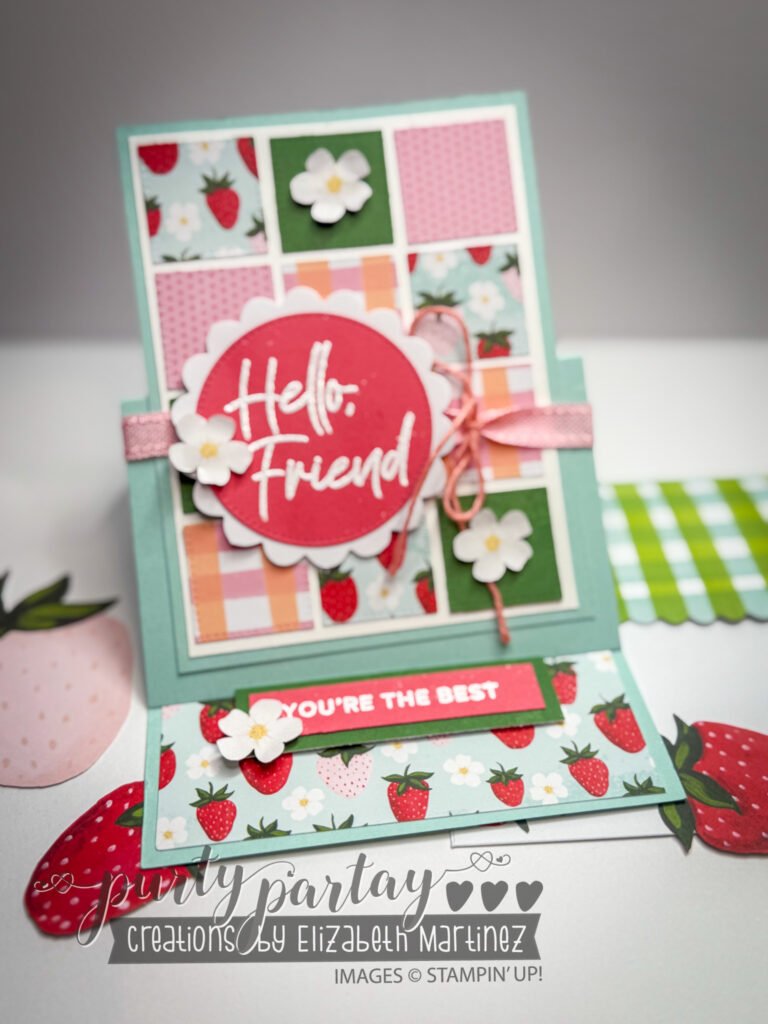 Lots of 1" squares from the card bases bring this easel card together, it is the ultimate Paper Pumpkin alternate card using all the designs.