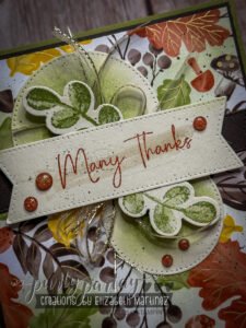 Close-up of Gather Together one-sheet wonder card with blended background, leaf die cuts, and Early Espresso splatter.