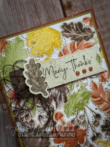 Zoomed-in focal point showing outlined leaves with doodle dots, extended banner, and gold-embossed ink splatter.