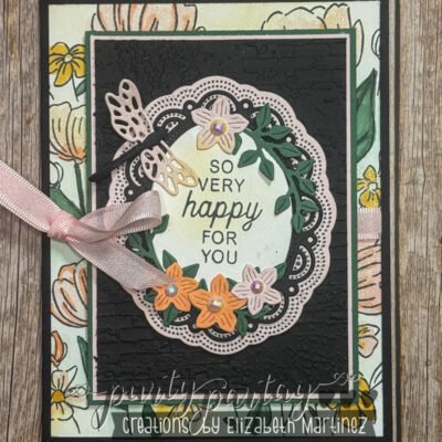 Handmade floral card using Scallop Wishes and Flower Fair background with blended coloring, scalloped layers, dragonfly detail, and 2026–2028 In Colors.
