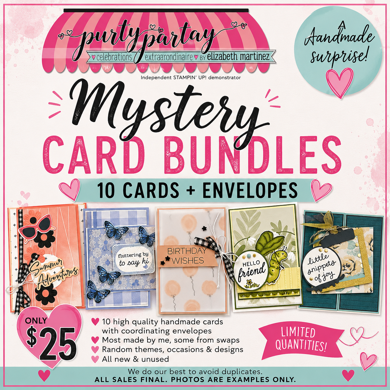 Purty ParTAY Mystery Handmade Card Bundles with 10 assorted handmade greeting cards and envelopes for $25